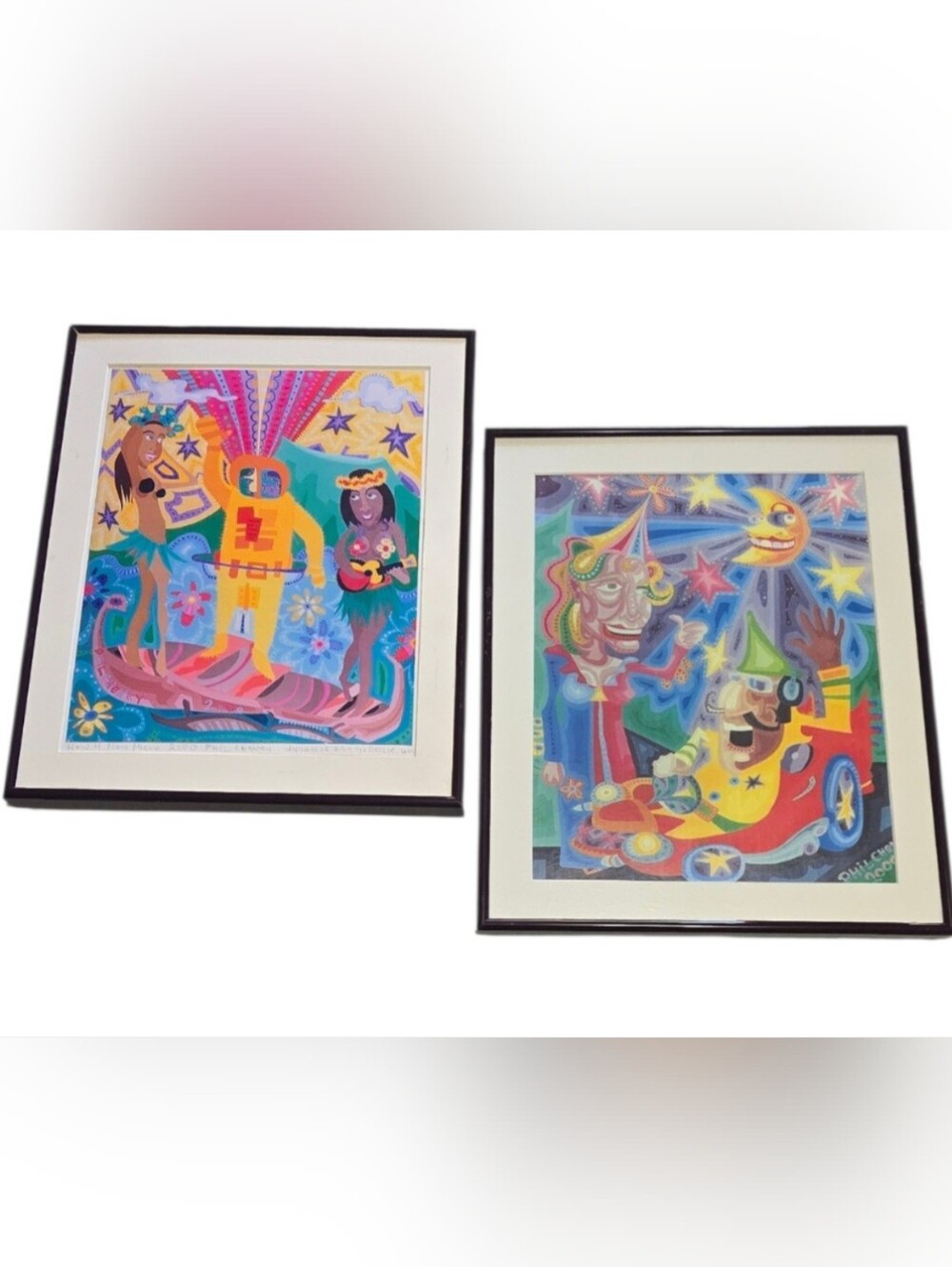 Phil Cheny 2000 Colorful Psychedelic Framed Signed Art Prints Hula Surfer Space